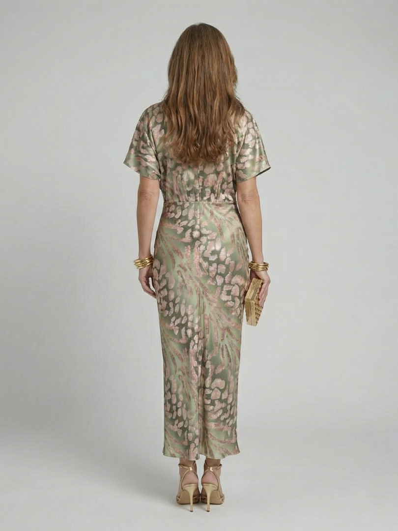 Rhea | Vestido Midi con Estampado Abstracto y Cintura Cruzada