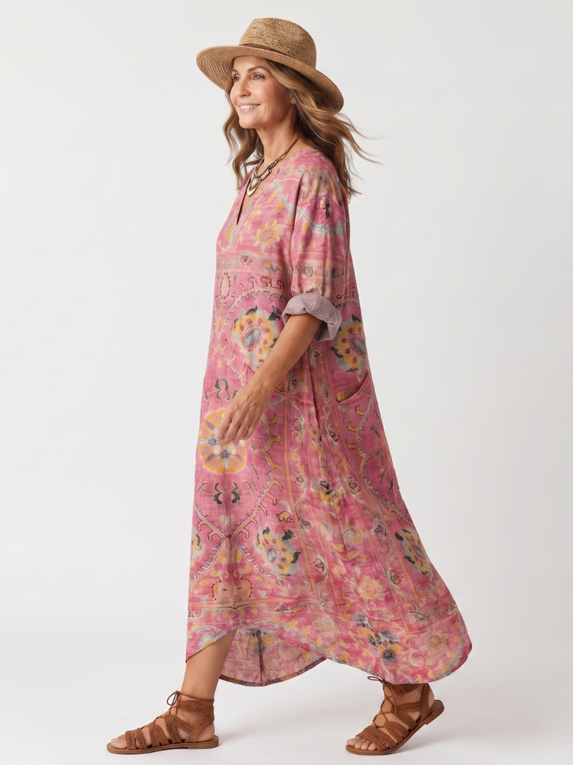Tilda | Vestido Midi Relajado con Estampado Abstracto y Bolsillos
