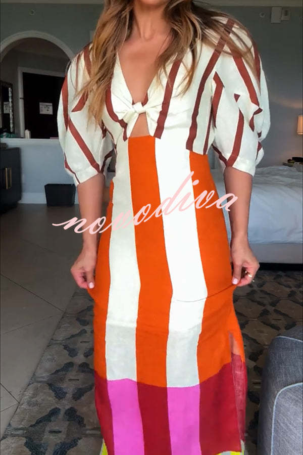 Vestido largo Kaya de mezcla de lino con estampado de bloques de color, abertura delantera con nudo y manga abullonada