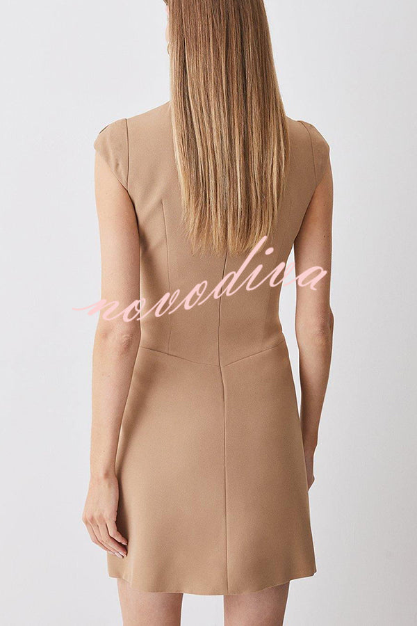 Minivestido Estilo Militar con manga corta caída, cuello alto, patchwork y bajo plisado