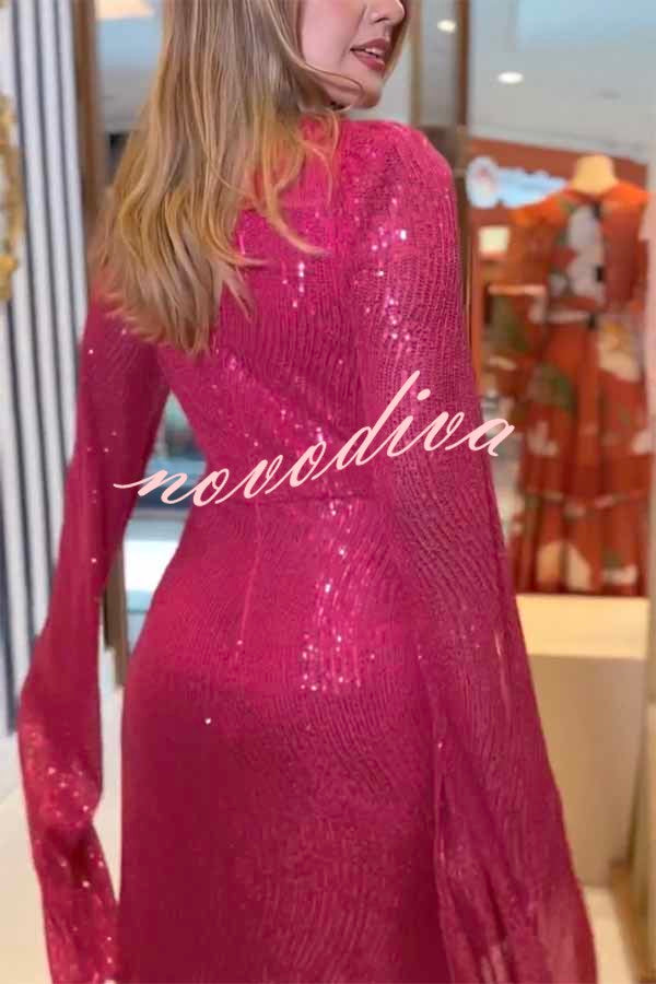 Vestido largo de noche Brilla Más de lentejuelas con manga capa y cintura cruzada