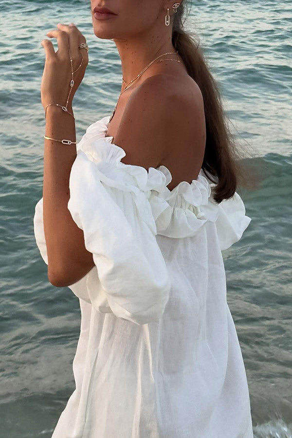 Vestido midi Francisca en mezcla de lino con hombros descubiertos, volantes, manga abullonada y bolsillos