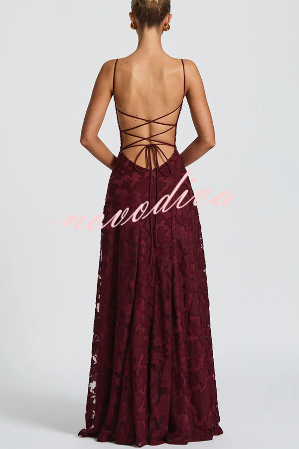 Vestido largo Francis de tejido devoré floral exclusivo con cuello caído y lazada en la espalda