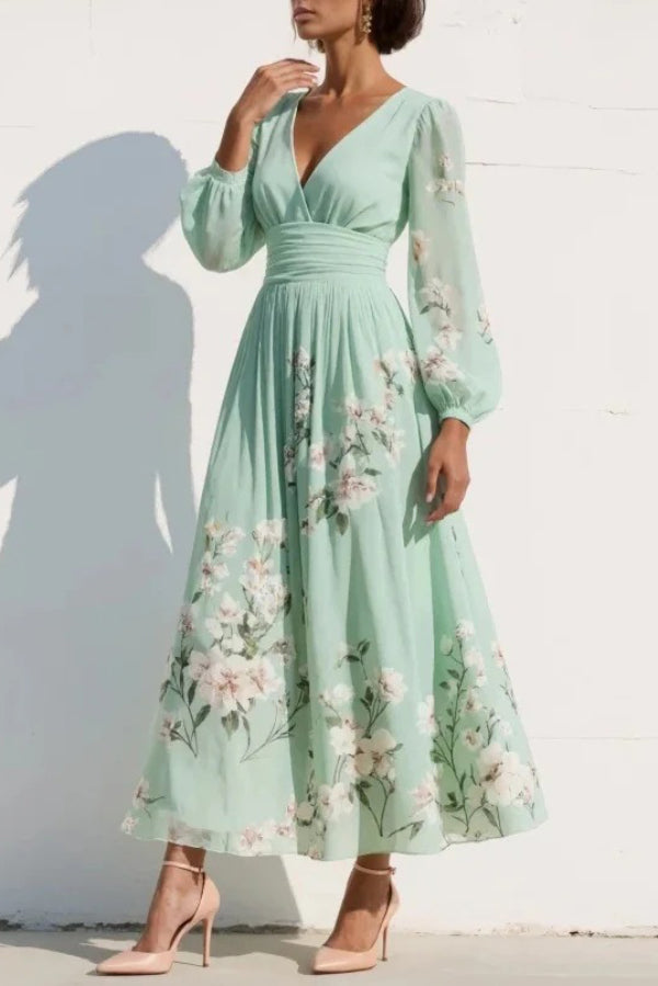Vestido largo casual con estampado floral, escote en V, manga larga y cintura entallada