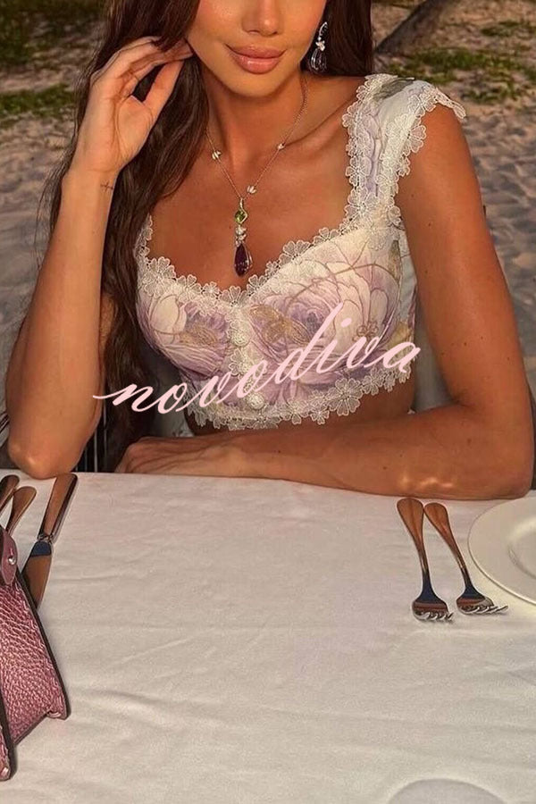 Conjunto Romántico y Bonito de top de tirantes con estampado floral, ribete de encaje y escote corazón y falda larga de talle alto