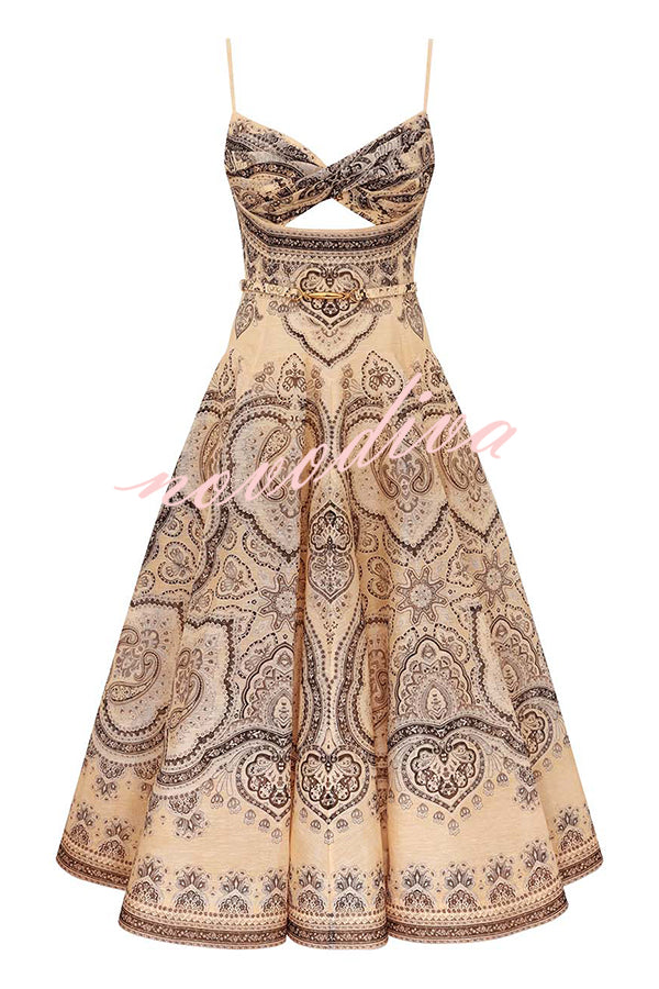 Vestido midi lencero Luna de mezcla de lino con estampado de cachemir, espalda cruzada, fruncido y bolsillos