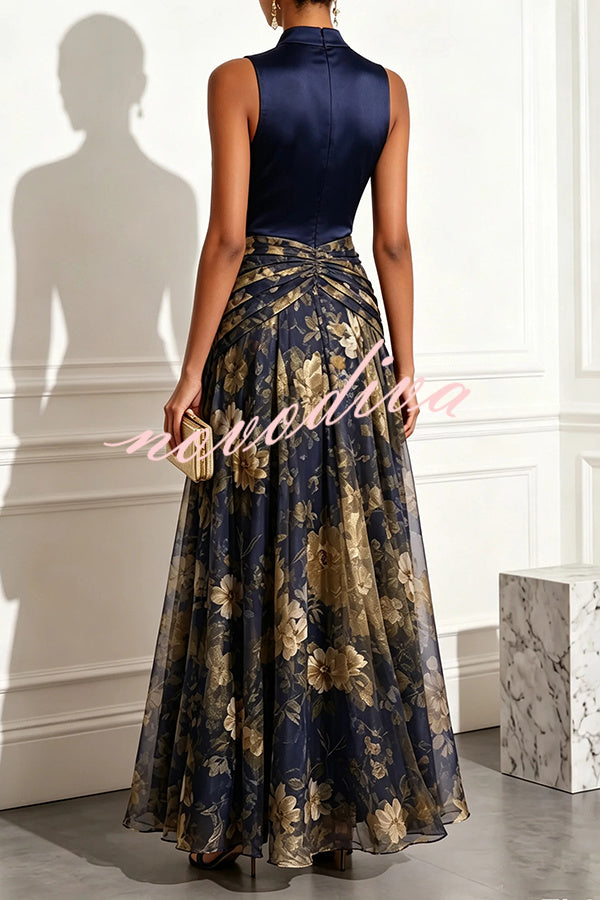 Vestido largo Prairie de satén con cuello alto, detalle de mariposa metalizada y bajo de tul floral