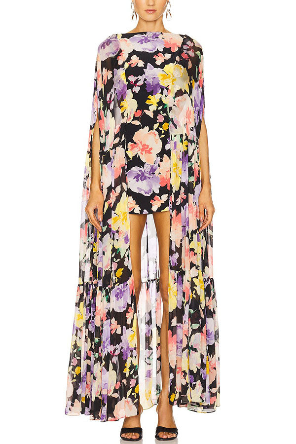 Vestido largo con capa Garden Party con estampado floral en contraste y bajo asimétrico