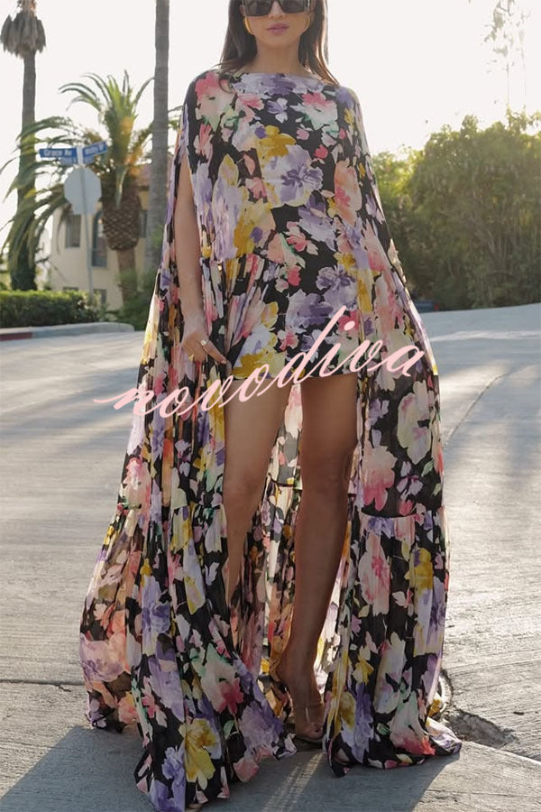 Vestido largo con capa Garden Party con estampado floral en contraste y bajo asimétrico