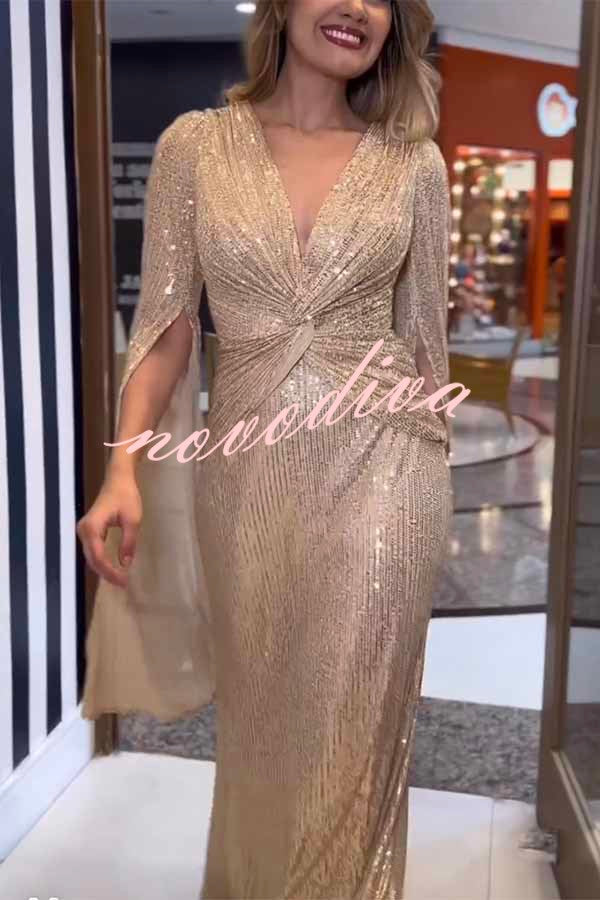Vestido largo de noche Brilla Más de lentejuelas con manga capa y cintura cruzada