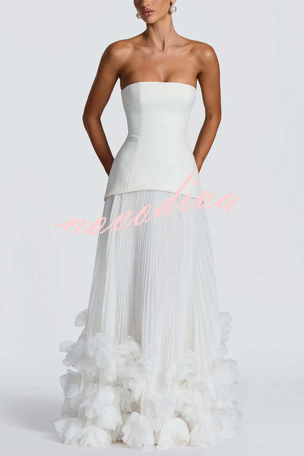 Vestido largo de gala Serafina palabra de honor con apliques florales hechos a mano, bajo plisado y lazada en la espalda