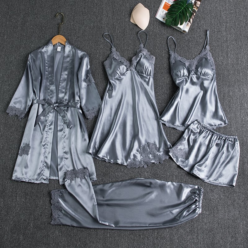 Luna | Conjunto de pijama de 5 piezas en satén y encaje
