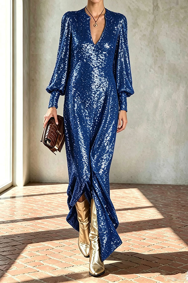 Vestido largo de fiesta Minimalista Brillante de lentejuelas con escote de pico, manga larga globo y abertura