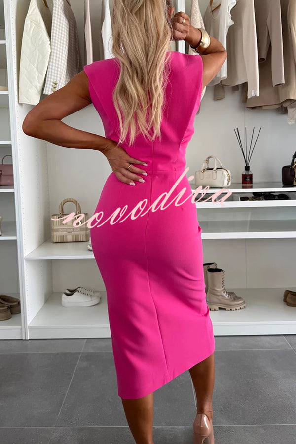 Vestido midi elástico Charming Lady liso con cuello redondo, sin mangas, cintura marcada y abertura