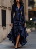 Palma | Vestido largo de satén drapeado con detalles de volantes