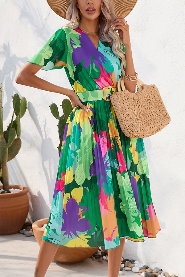 Vestido midi Paulette plisado con estampado floral en contraste y cinturón