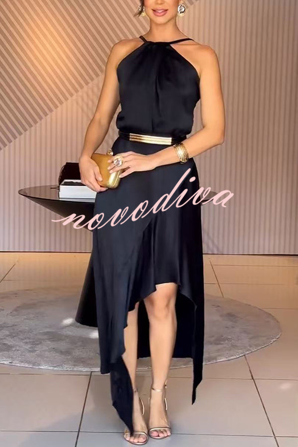 Vestido largo Terez de satén con cinturón metalizado, cuello halter, bajo asimétrico y abertura