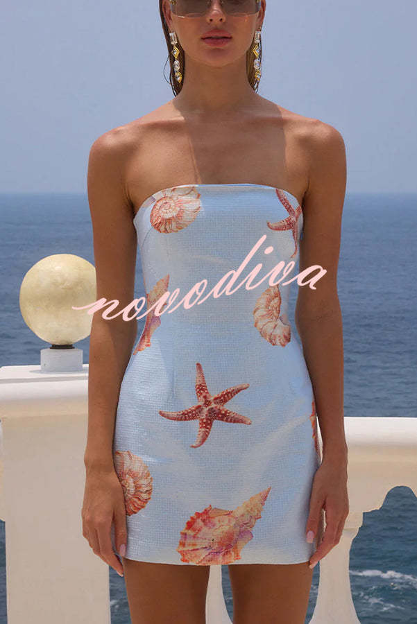 Minivestido elástico palabra de honor Beach Club de lentejuelas con estampado exclusivo