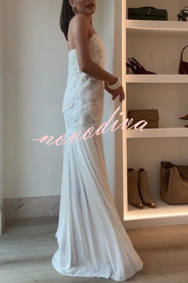 Vestido largo lencero Déjate Llevar con aplique floral y bajo de gasa plisada