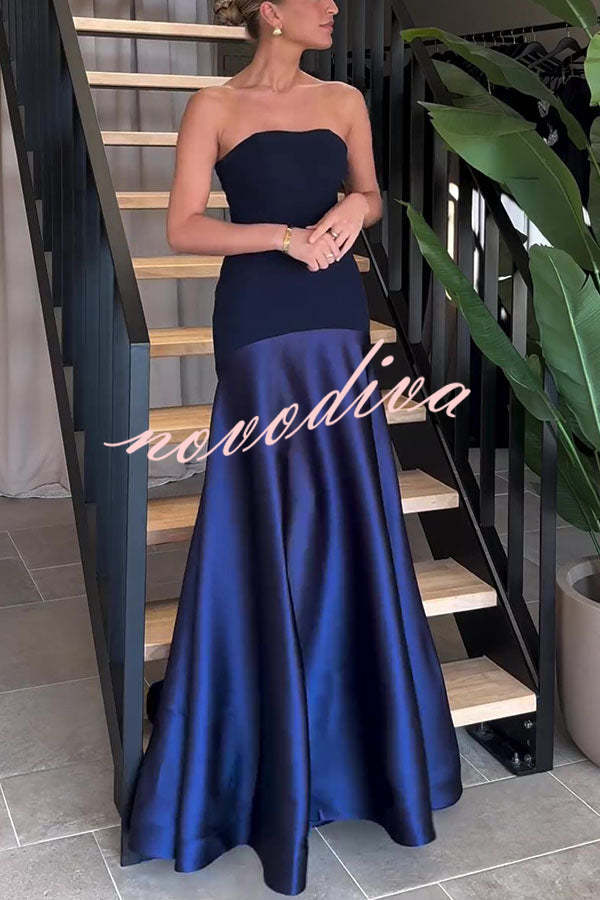 Vestido largo de gala palabra de honor de satén con paneles y vuelo, elegancia atemporal