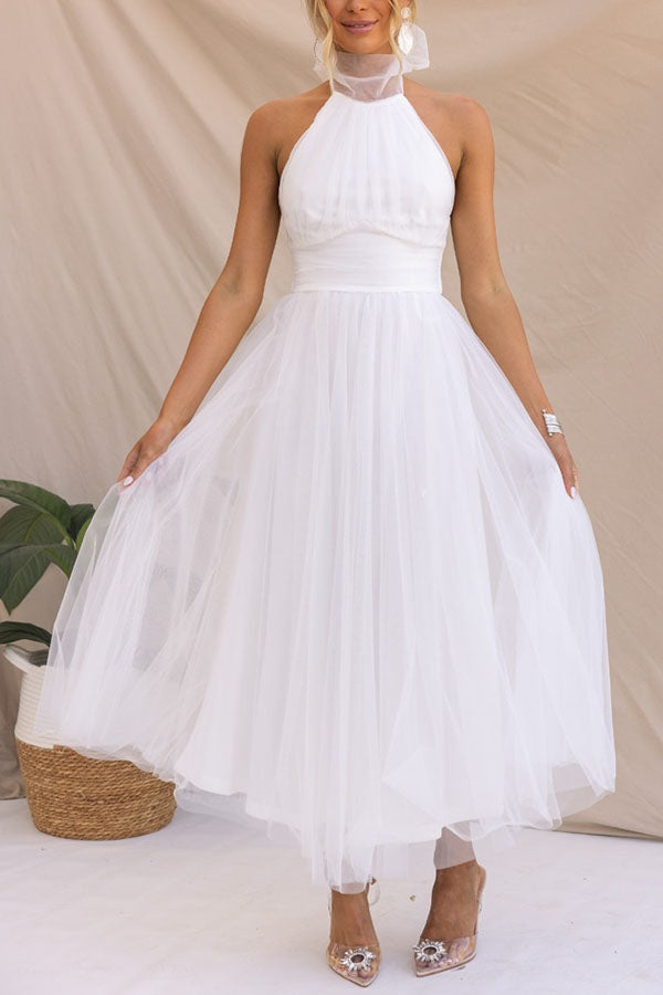 Vestido largo halter Fairy Vibes de tul con detalle fruncido