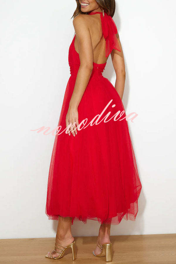 Vestido largo halter Fairy Vibes de tul con detalle fruncido