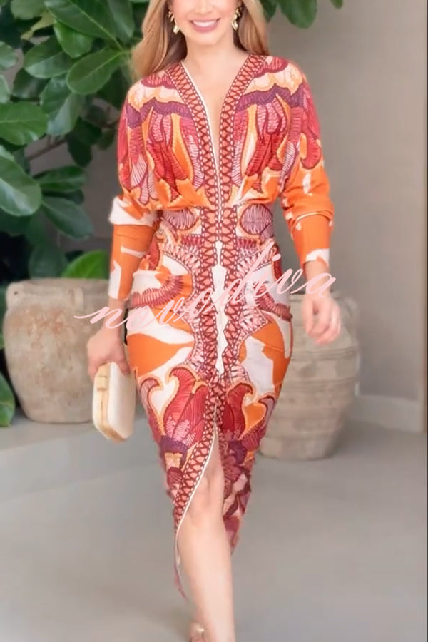 Vestido midi de estilo brasileño con estampado exclusivo, manga larga dolman, fruncido y abertura