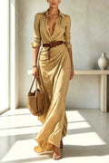 Vestido camisero largo City Sleek cruzado con botonadura sencilla, manga larga y abertura