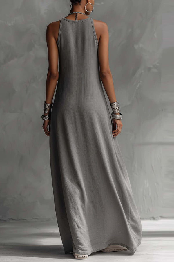 Vestido largo holgado y casual de bloques de color con cuello redondo, sin mangas y con bolsillos