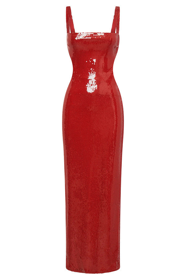 Vestido largo Eye Catching de lentejuelas con abertura en la cintura, tirantes anchos y espalda descubierta