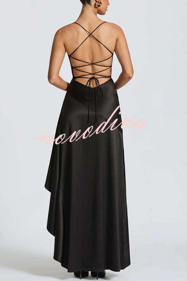 Vestido largo sexy de color liso con espalda descubierta, lazada y volantes asimétricos