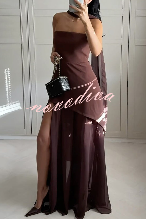 Vestido largo Mónaco con pañuelo, cuerpo estructurado con hombros descubiertos y bajo de gasa con abertura