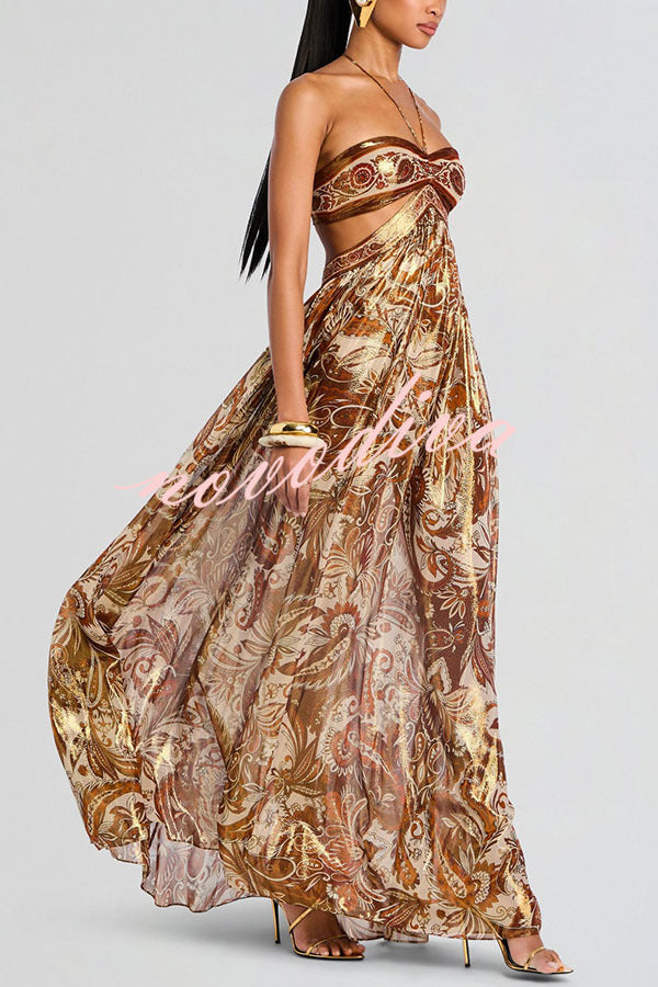Vestido largo halter Bohemian Flair de gasa con estampado de cachemir dorado y aberturas