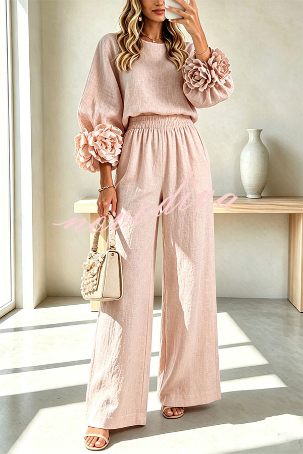 Conjunto de mezcla de lino de blusa con puños florales y pantalón con cintura elástica y bolsillos