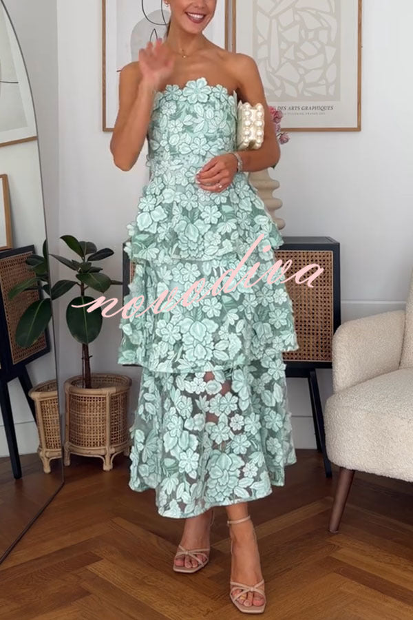 Vestido largo Cocktail Events con bordado floral 3D, hombros descubiertos y bajo escalonado