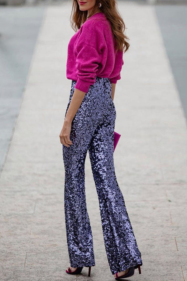 Pantalón acampanado Diva de lentejuelas con talle alto y cintura elástica