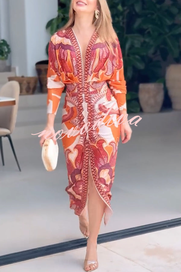 Vestido midi de estilo brasileño con estampado exclusivo, manga larga dolman, fruncido y abertura