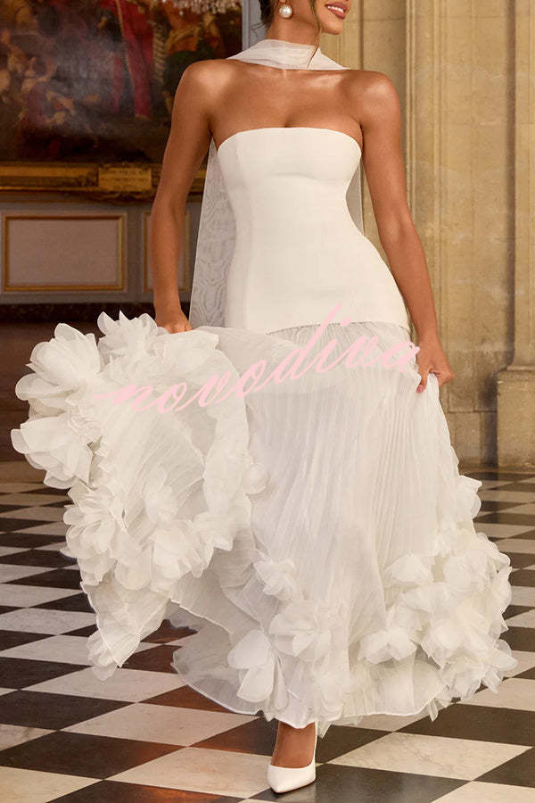 Vestido largo de gala Serafina palabra de honor con apliques florales hechos a mano, bajo plisado y lazada en la espalda