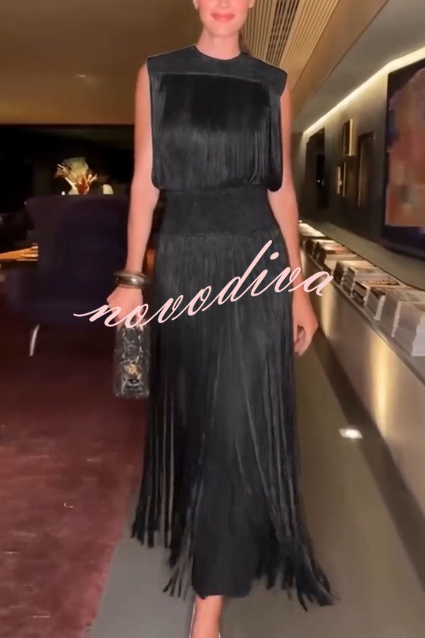 Conjunto elegante de top de punto texturizado sin mangas con flecos y falda larga con cintura elástica