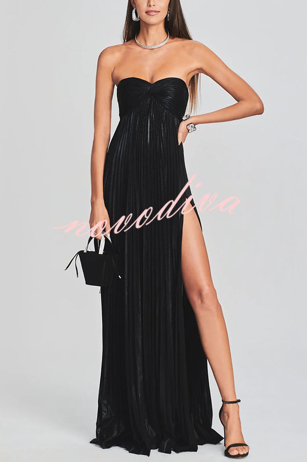 Vestido largo sexy metalizado palabra de honor plisado con abertura alta