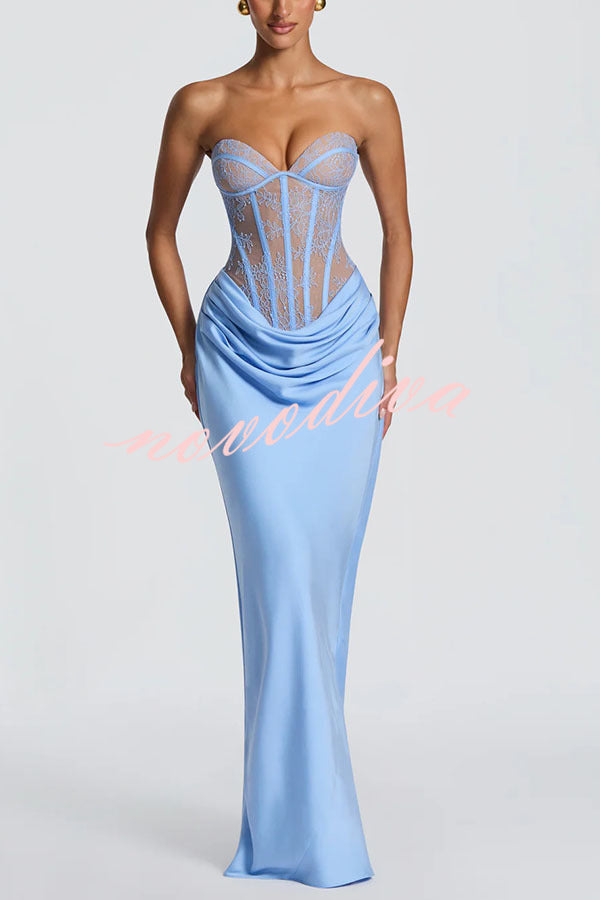 Vestido largo Kathleen palabra de honor de encaje floral con detalle estructurado en contraste, lazada en la espalda y bajo de satén