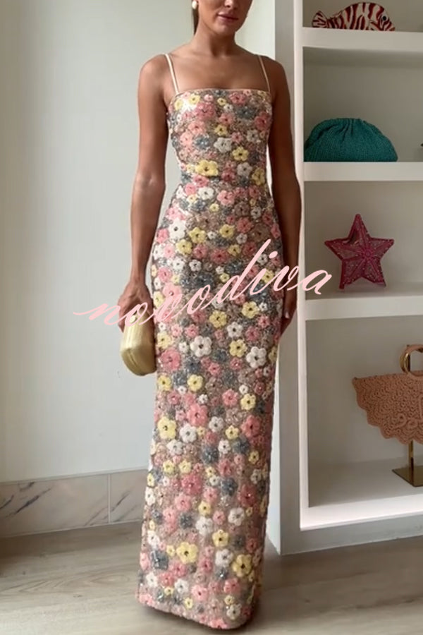 Vestido largo elástico de tirantes con lentejuelas, estampado floral inspiración años 80 y escote cuadrado