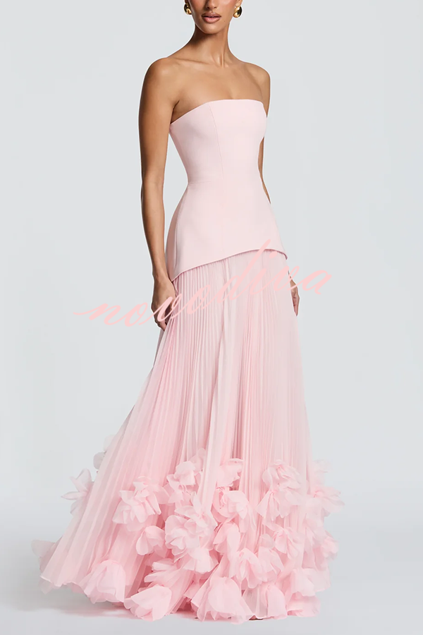 Vestido largo de gala Serafina palabra de honor con apliques florales hechos a mano, bajo plisado y lazada en la espalda
