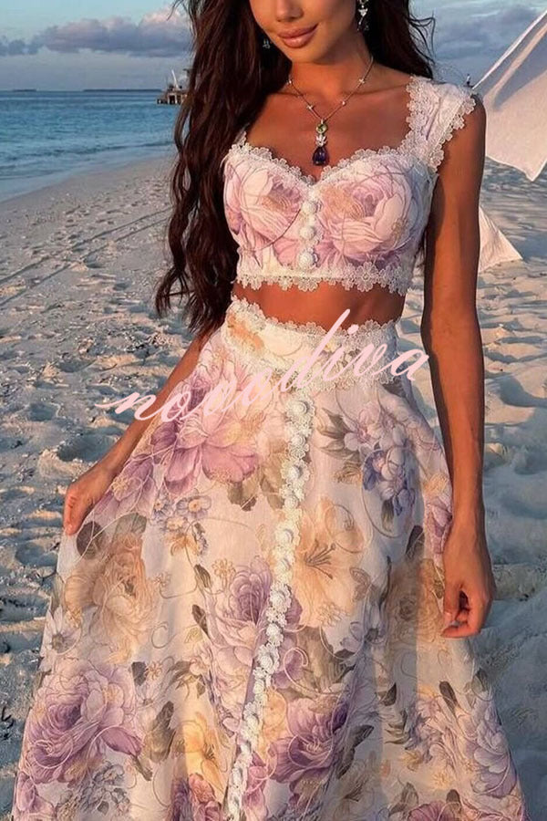Conjunto Romántico y Bonito de top de tirantes con estampado floral, ribete de encaje y escote corazón y falda larga de talle alto