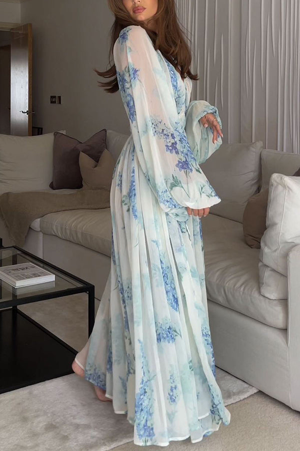 Vestido largo Rumbo al Océano de gasa floral con cintura ajustable con cordón