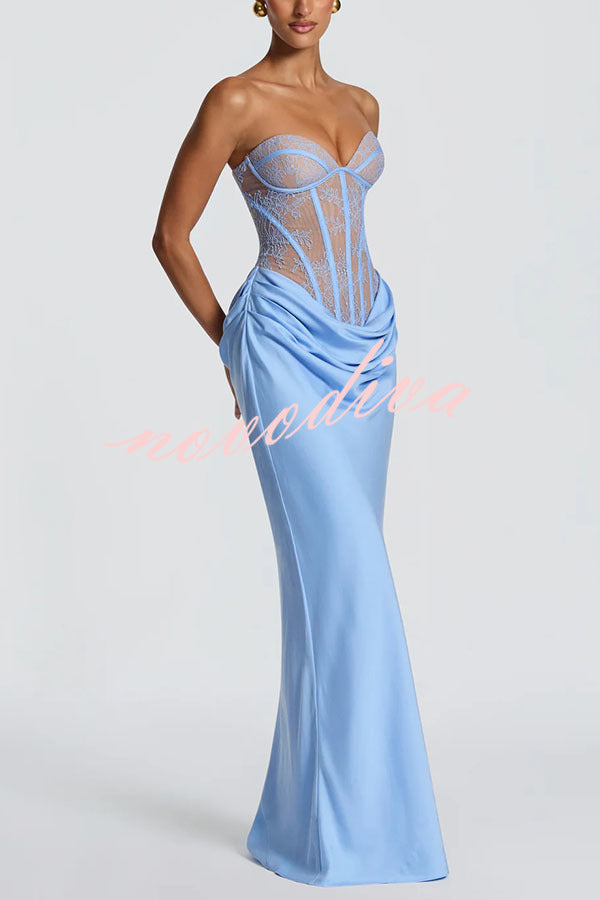 Vestido largo Kathleen palabra de honor de encaje floral con detalle estructurado en contraste, lazada en la espalda y bajo de satén