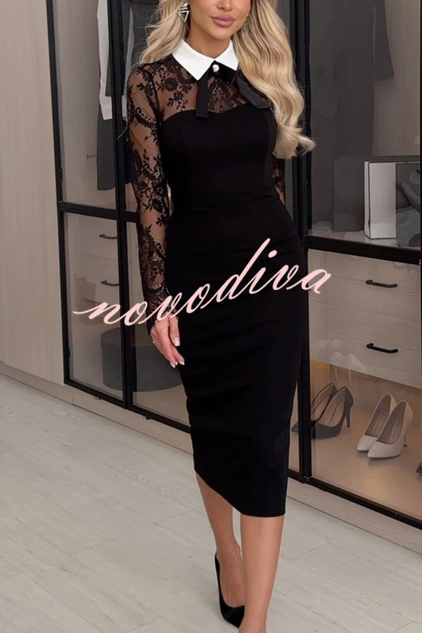 Vestido midi elástico Aliya de encaje con cuello lazo desmontable y manga larga