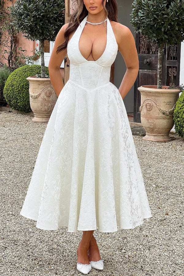 Vestido midi elegante de jacquard con cuello halter, cintura entallada y espalda abierta