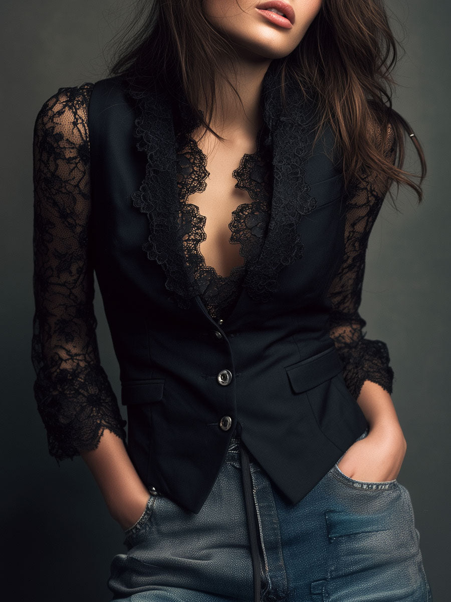 Noemí | Top Blazer Negro Con Mangas Semitransparentes