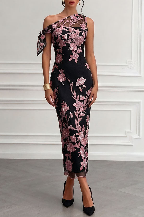 Vestido largo recto Kylen de encaje con bordado floral y lazo, asimétrico de un hombro y sin mangas